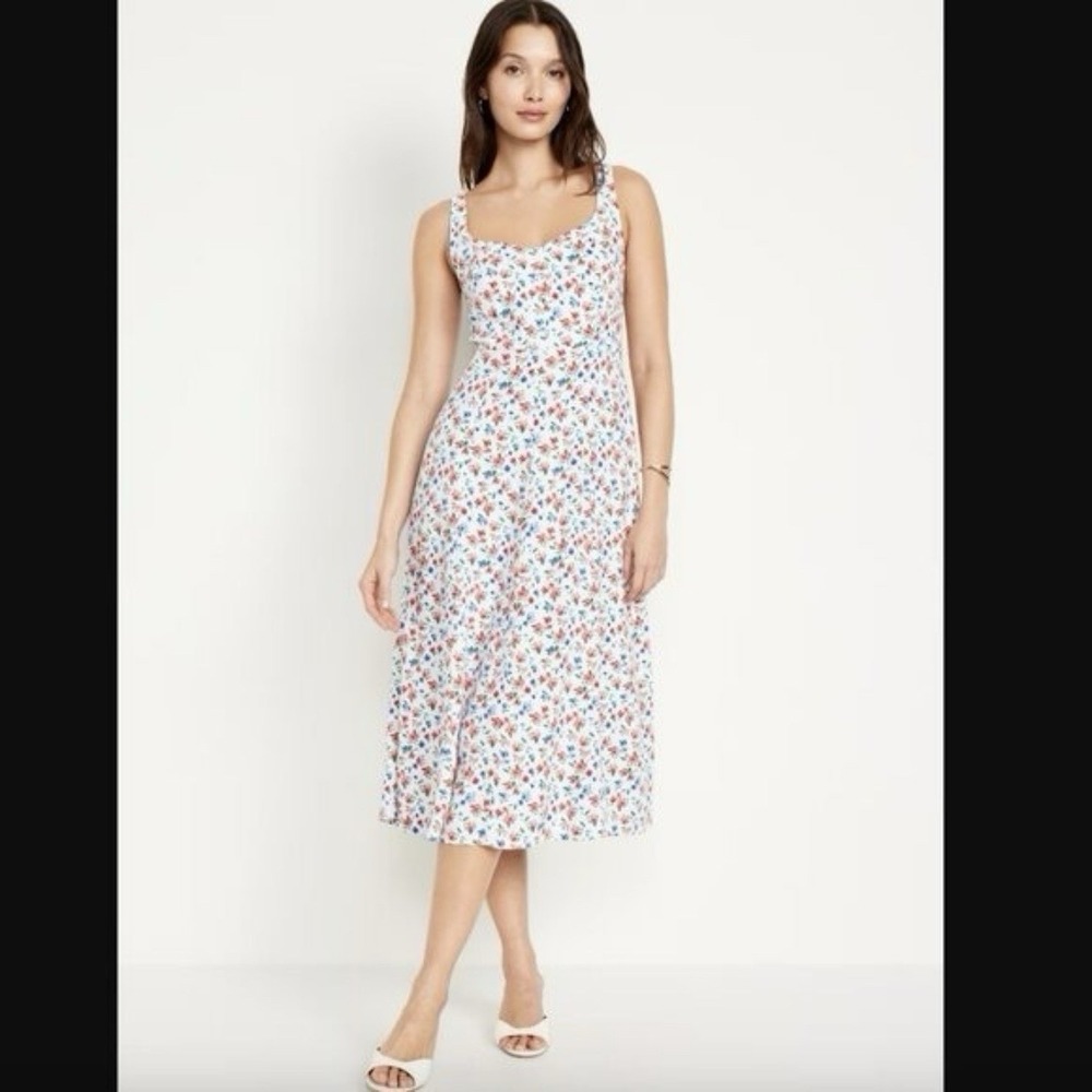 Old Navy Americana Coquette Pockets Smocked Back Fit Flare Linen Midi Dress L